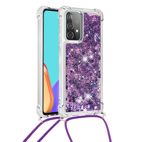 Funda Silicona Carcasa Goma Bling-Bling con Acollador Cordon Lanyard S03 para Samsung Galaxy A52 5G Morado