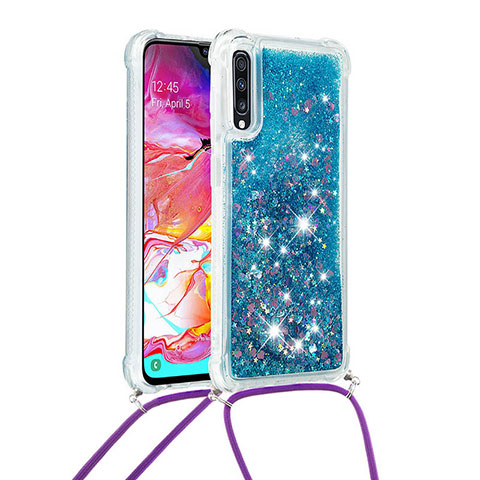 Funda Silicona Carcasa Goma Bling-Bling con Acollador Cordon Lanyard S03 para Samsung Galaxy A70 Azul