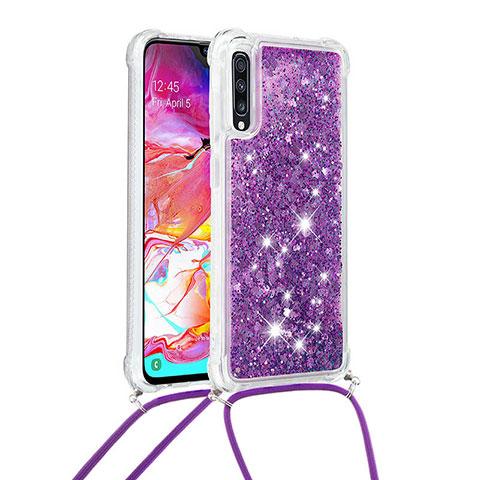 Funda Silicona Carcasa Goma Bling-Bling con Acollador Cordon Lanyard S03 para Samsung Galaxy A70 Morado