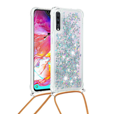 Funda Silicona Carcasa Goma Bling-Bling con Acollador Cordon Lanyard S03 para Samsung Galaxy A70 Plata