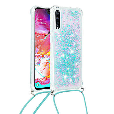 Funda Silicona Carcasa Goma Bling-Bling con Acollador Cordon Lanyard S03 para Samsung Galaxy A70S Azul Cielo