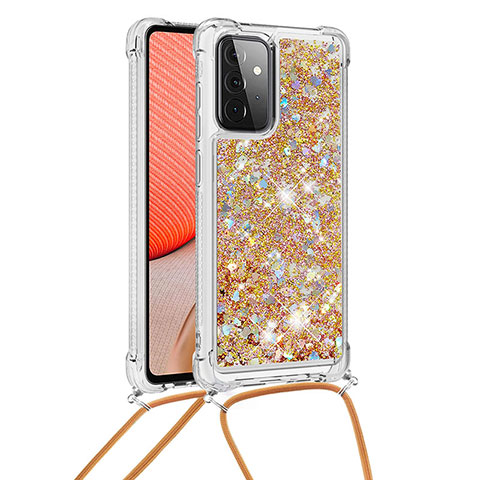 Funda Silicona Carcasa Goma Bling-Bling con Acollador Cordon Lanyard S03 para Samsung Galaxy A72 4G Oro