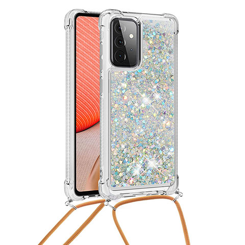 Funda Silicona Carcasa Goma Bling-Bling con Acollador Cordon Lanyard S03 para Samsung Galaxy A72 4G Plata