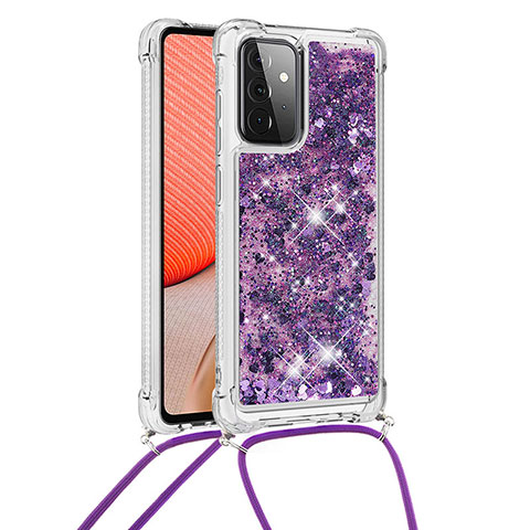 Funda Silicona Carcasa Goma Bling-Bling con Acollador Cordon Lanyard S03 para Samsung Galaxy A72 5G Morado