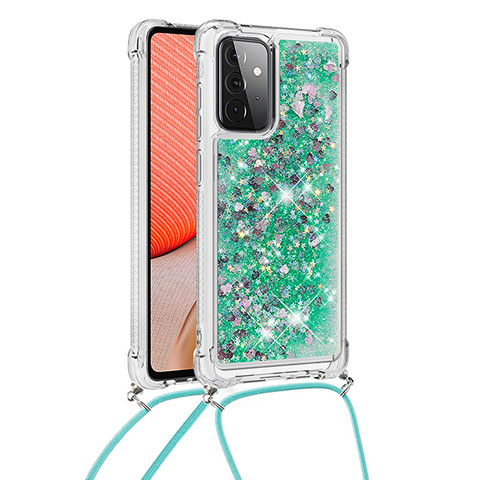 Funda Silicona Carcasa Goma Bling-Bling con Acollador Cordon Lanyard S03 para Samsung Galaxy A72 5G Verde