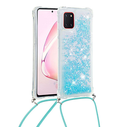 Funda Silicona Carcasa Goma Bling-Bling con Acollador Cordon Lanyard S03 para Samsung Galaxy A81 Azul Cielo