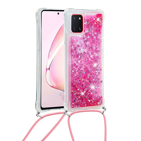 Funda Silicona Carcasa Goma Bling-Bling con Acollador Cordon Lanyard S03 para Samsung Galaxy A81 Rosa Roja