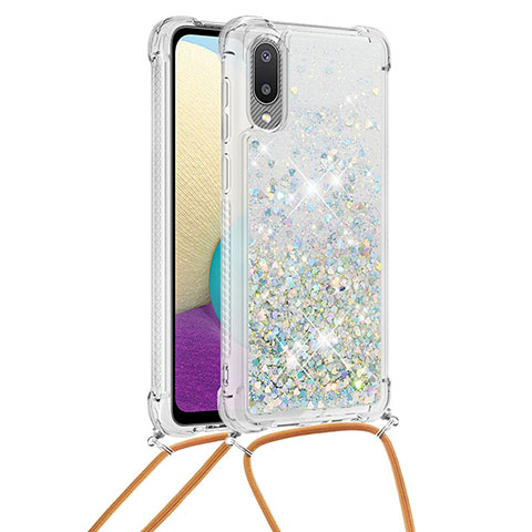 Funda Silicona Carcasa Goma Bling-Bling con Acollador Cordon Lanyard S03 para Samsung Galaxy M02 Plata