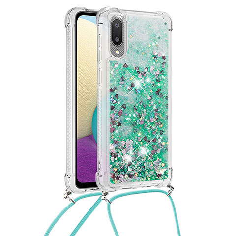 Funda Silicona Carcasa Goma Bling-Bling con Acollador Cordon Lanyard S03 para Samsung Galaxy M02 Verde