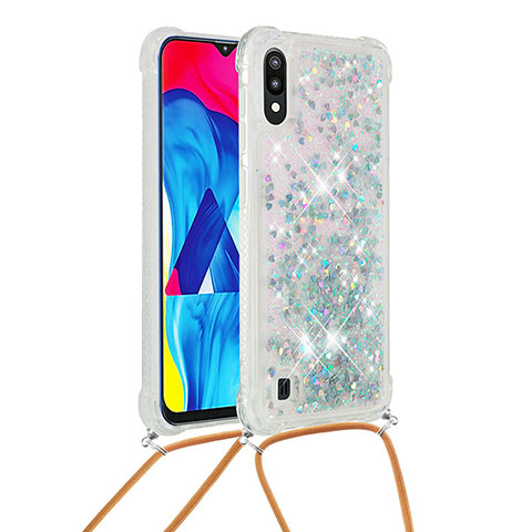 Funda Silicona Carcasa Goma Bling-Bling con Acollador Cordon Lanyard S03 para Samsung Galaxy M10 Plata