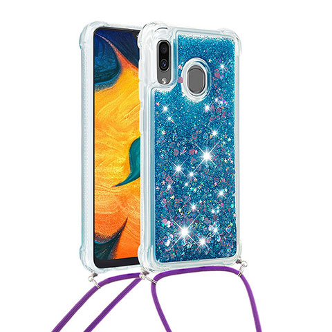 Funda Silicona Carcasa Goma Bling-Bling con Acollador Cordon Lanyard S03 para Samsung Galaxy M10S Azul