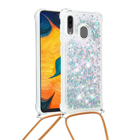 Funda Silicona Carcasa Goma Bling-Bling con Acollador Cordon Lanyard S03 para Samsung Galaxy M10S Plata