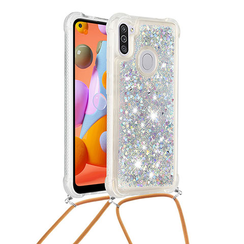 Funda Silicona Carcasa Goma Bling-Bling con Acollador Cordon Lanyard S03 para Samsung Galaxy M11 Plata