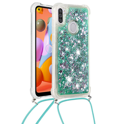 Funda Silicona Carcasa Goma Bling-Bling con Acollador Cordon Lanyard S03 para Samsung Galaxy M11 Verde