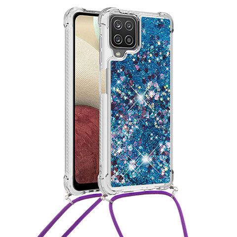 Funda Silicona Carcasa Goma Bling-Bling con Acollador Cordon Lanyard S03 para Samsung Galaxy M12 Azul