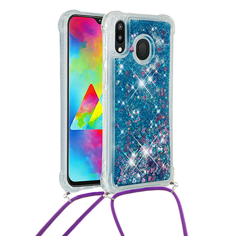 Funda Silicona Carcasa Goma Bling-Bling con Acollador Cordon Lanyard S03 para Samsung Galaxy M20 Azul