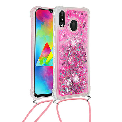 Funda Silicona Carcasa Goma Bling-Bling con Acollador Cordon Lanyard S03 para Samsung Galaxy M20 Rosa Roja