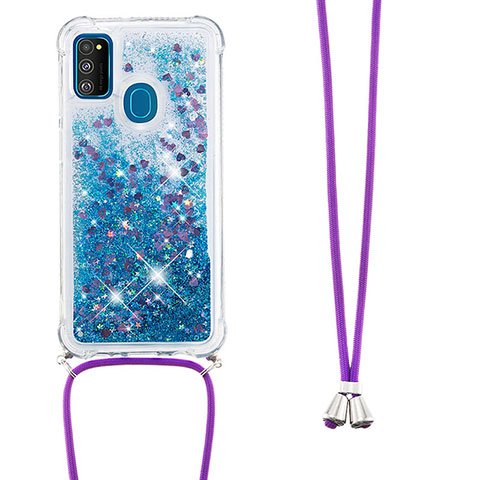 Funda Silicona Carcasa Goma Bling-Bling con Acollador Cordon Lanyard S03 para Samsung Galaxy M21 Azul