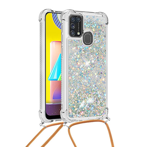 Funda Silicona Carcasa Goma Bling-Bling con Acollador Cordon Lanyard S03 para Samsung Galaxy M21s Plata