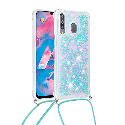 Funda Silicona Carcasa Goma Bling-Bling con Acollador Cordon Lanyard S03 para Samsung Galaxy M30 Azul Cielo