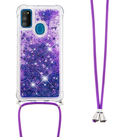 Funda Silicona Carcasa Goma Bling-Bling con Acollador Cordon Lanyard S03 para Samsung Galaxy M30s Morado