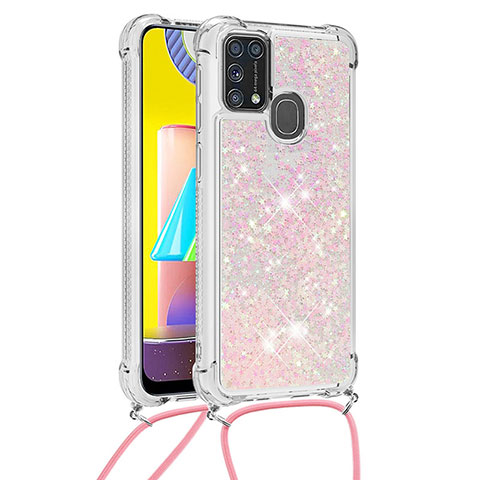 Funda Silicona Carcasa Goma Bling-Bling con Acollador Cordon Lanyard S03 para Samsung Galaxy M31 Rosa