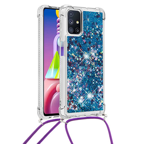 Funda Silicona Carcasa Goma Bling-Bling con Acollador Cordon Lanyard S03 para Samsung Galaxy M51 Azul