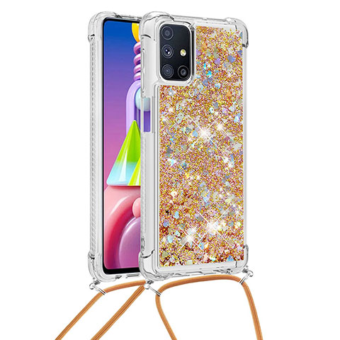 Funda Silicona Carcasa Goma Bling-Bling con Acollador Cordon Lanyard S03 para Samsung Galaxy M51 Oro