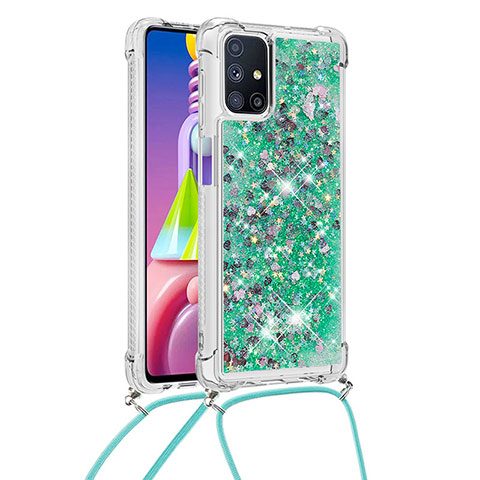 Funda Silicona Carcasa Goma Bling-Bling con Acollador Cordon Lanyard S03 para Samsung Galaxy M51 Verde