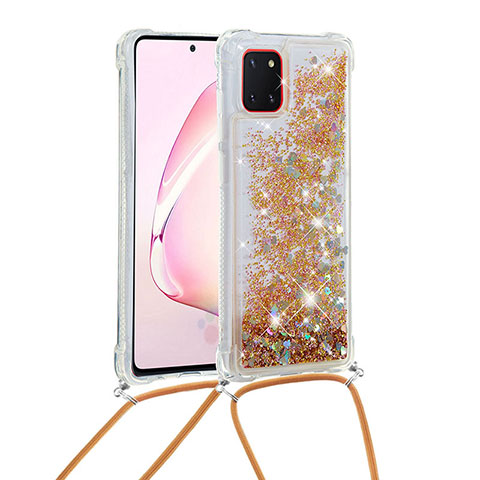 Funda Silicona Carcasa Goma Bling-Bling con Acollador Cordon Lanyard S03 para Samsung Galaxy M60s Oro