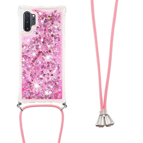 Funda Silicona Carcasa Goma Bling-Bling con Acollador Cordon Lanyard S03 para Samsung Galaxy Note 10 Plus 5G Rosa Roja