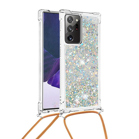 Funda Silicona Carcasa Goma Bling-Bling con Acollador Cordon Lanyard S03 para Samsung Galaxy Note 20 Ultra 5G Plata