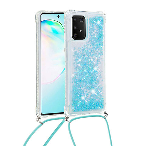 Funda Silicona Carcasa Goma Bling-Bling con Acollador Cordon Lanyard S03 para Samsung Galaxy S10 Lite Azul Cielo