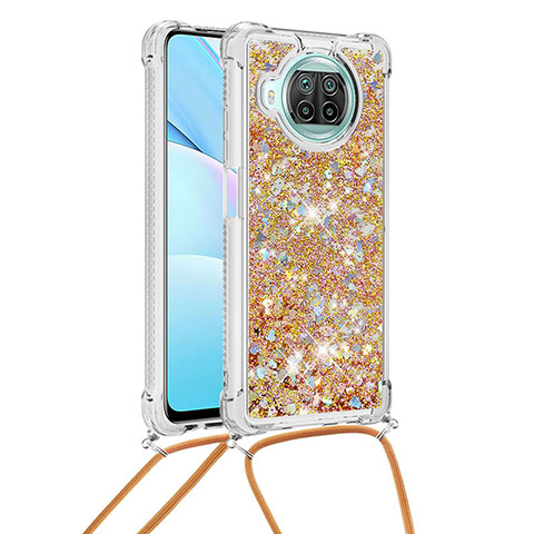 Funda Silicona Carcasa Goma Bling-Bling con Acollador Cordon Lanyard S03 para Xiaomi Mi 10i 5G Oro