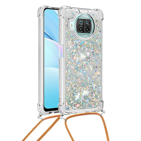 Funda Silicona Carcasa Goma Bling-Bling con Acollador Cordon Lanyard S03 para Xiaomi Mi 10i 5G Plata