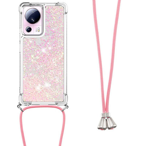 Funda Silicona Carcasa Goma Bling-Bling con Acollador Cordon Lanyard S03 para Xiaomi Mi 13 Lite 5G Oro Rosa