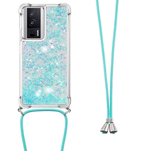 Funda Silicona Carcasa Goma Bling-Bling con Acollador Cordon Lanyard S03 para Xiaomi Poco F5 Pro 5G Azul Cielo