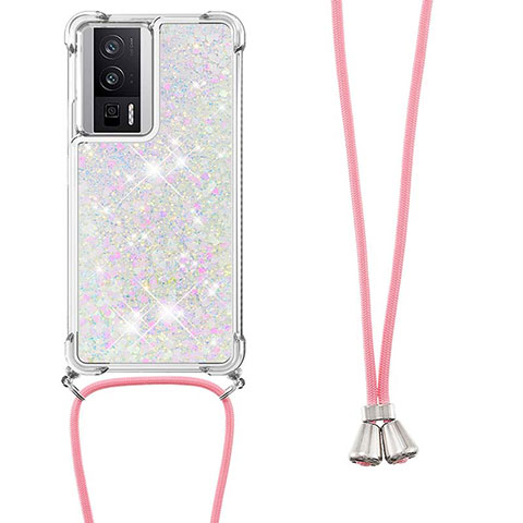 Funda Silicona Carcasa Goma Bling-Bling con Acollador Cordon Lanyard S03 para Xiaomi Poco F5 Pro 5G Rosa