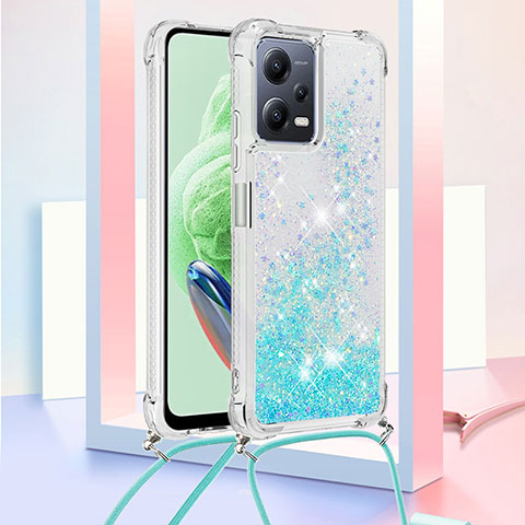 Funda Silicona Carcasa Goma Bling-Bling con Acollador Cordon Lanyard S03 para Xiaomi Poco X5 5G Azul Cielo