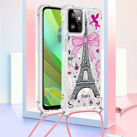 Funda Silicona Carcasa Goma Bling-Bling con Acollador Cordon Lanyard YB2 para Motorola Moto G Power 5G (2023) Rosa