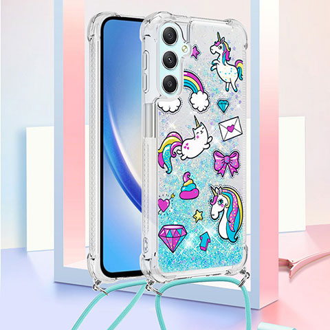 Funda Silicona Carcasa Goma Bling-Bling con Acollador Cordon Lanyard YB2 para Samsung Galaxy A24 4G Azul Cielo