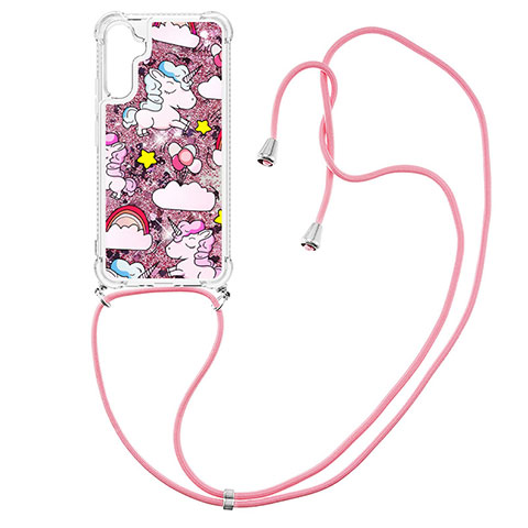 Funda Silicona Carcasa Goma Bling-Bling con Acollador Cordon Lanyard YB2 para Samsung Galaxy A34 5G Oro Rosa