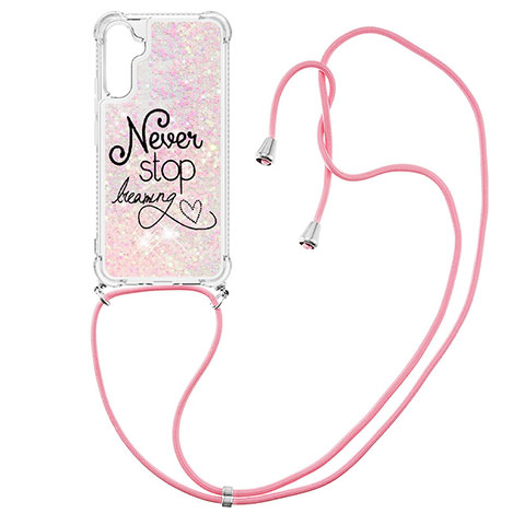 Funda Silicona Carcasa Goma Bling-Bling con Acollador Cordon Lanyard YB2 para Samsung Galaxy A34 5G Rosa