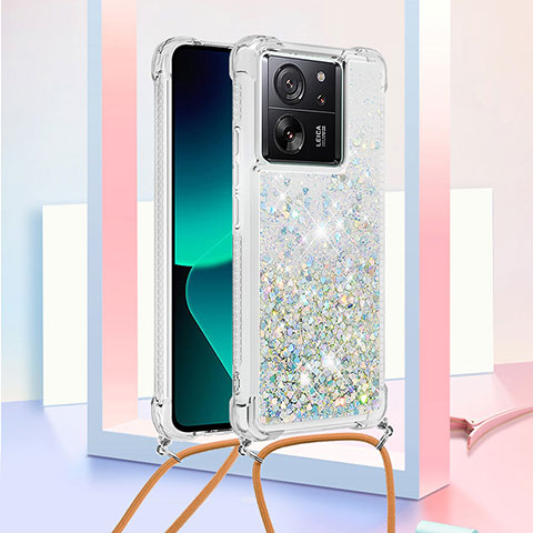 Funda Silicona Carcasa Goma Bling-Bling con Acollador Cordon Lanyard YB2 para Xiaomi Mi 13T 5G Plata