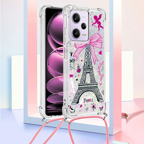 Funda Silicona Carcasa Goma Bling-Bling con Acollador Cordon Lanyard YB2 para Xiaomi Redmi Note 12 Pro 5G Oro Rosa