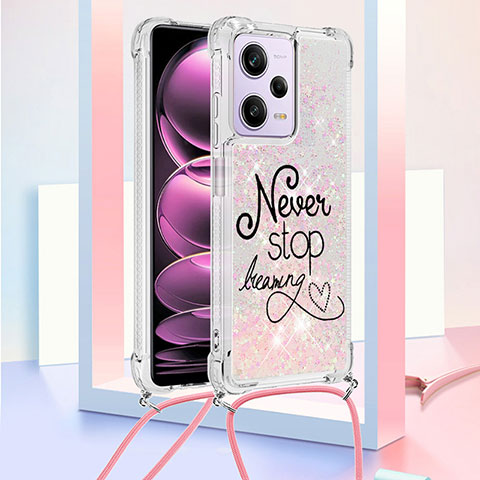 Funda Silicona Carcasa Goma Bling-Bling con Acollador Cordon Lanyard YB2 para Xiaomi Redmi Note 12 Pro 5G Rosa