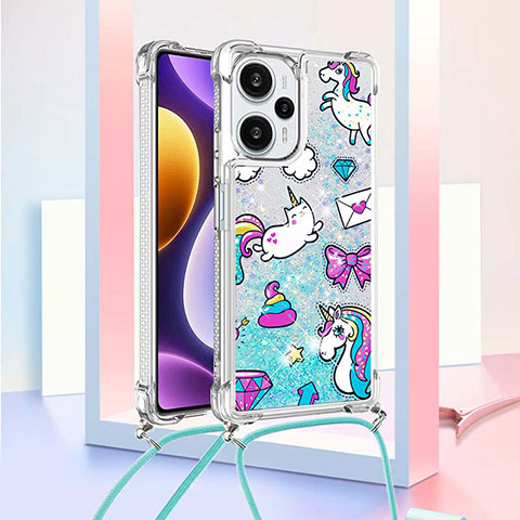 Funda Silicona Carcasa Goma Bling-Bling con Acollador Cordon Lanyard YB2 para Xiaomi Redmi Note 12 Turbo 5G Azul Cielo