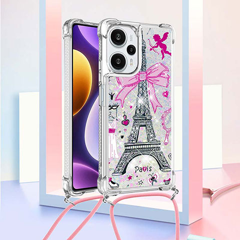 Funda Silicona Carcasa Goma Bling-Bling con Acollador Cordon Lanyard YB2 para Xiaomi Redmi Note 12 Turbo 5G Oro Rosa