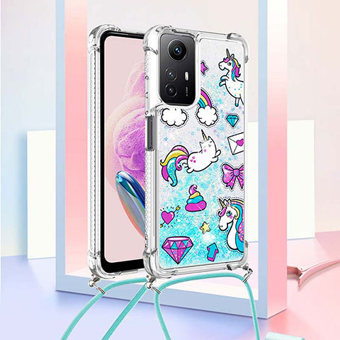 Funda Silicona Carcasa Goma Bling-Bling con Acollador Cordon Lanyard YB2 para Xiaomi Redmi Note 12S Azul Cielo