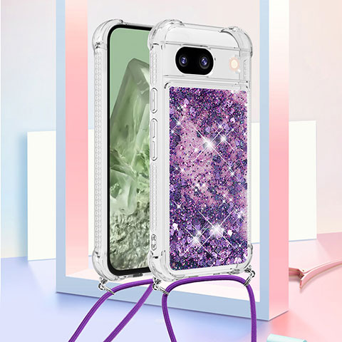 Funda Silicona Carcasa Goma Bling-Bling con Acollador Cordon Lanyard YB3 para Google Pixel 8a 5G Morado